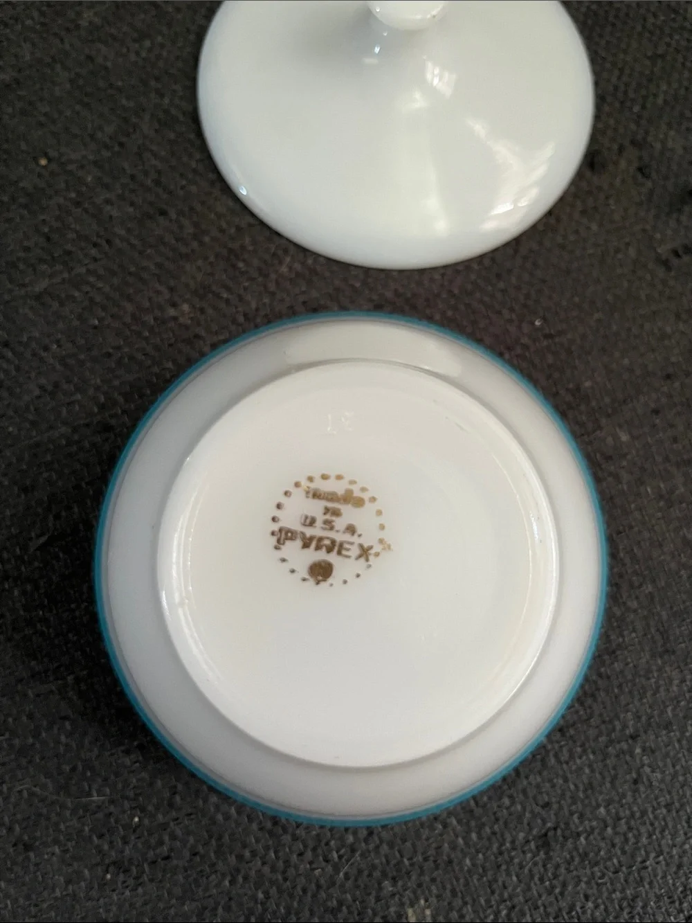 Vintage Pyrex White Milk Glass Sugar Bowl with Turquoise Rims